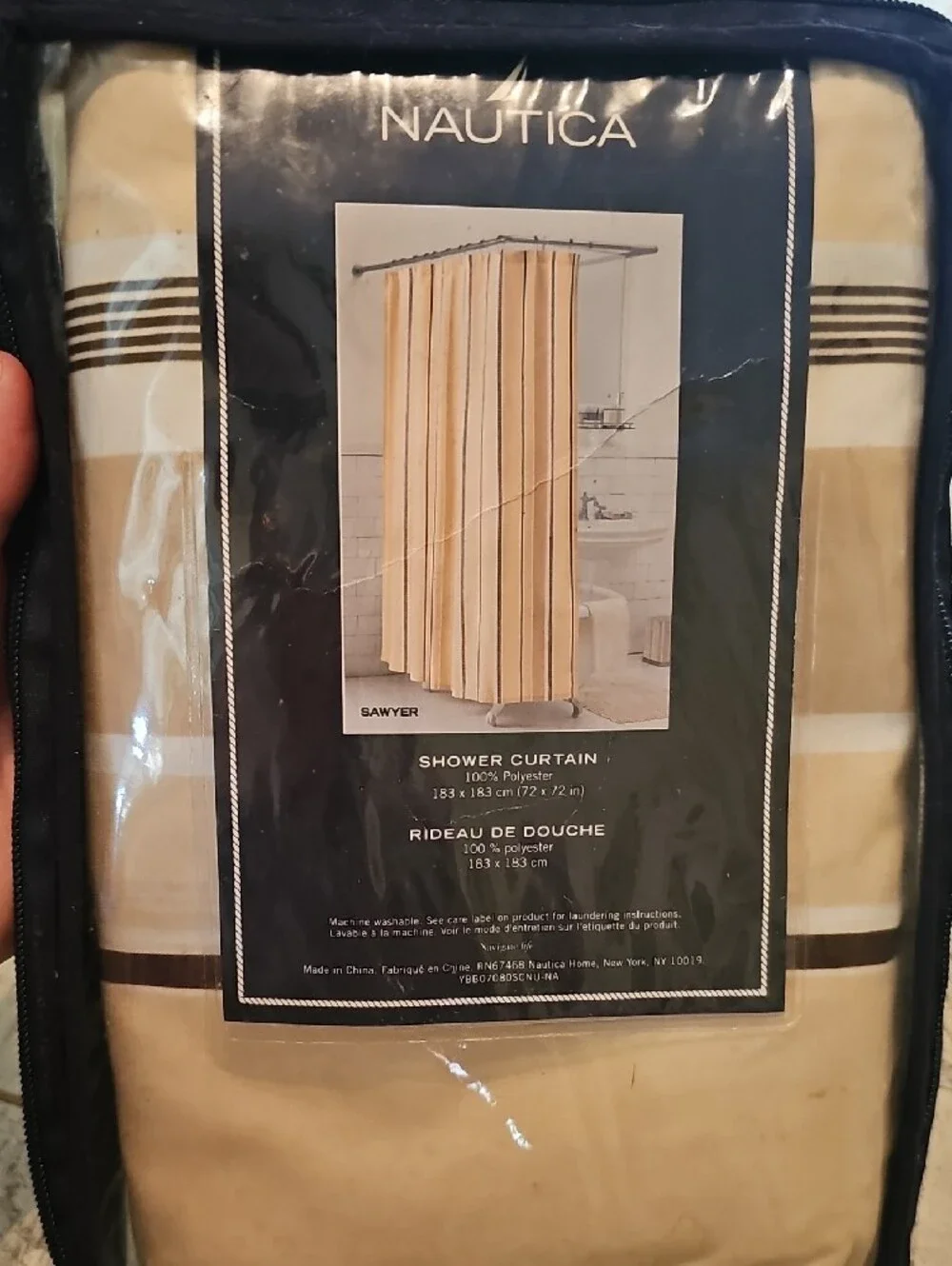 Nautica Beige, White and Brown Striped Shower Curtain